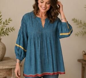 Pero Handmade Cotton Blend Blue Smock Top Tunic Heirloom Handwork Luxury 36